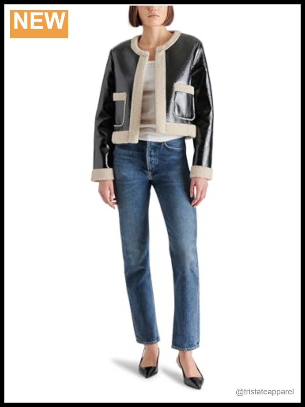Shearling Bonded Patent Vegan Leather Coat